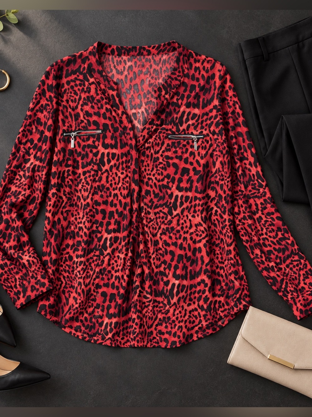 INC International Concepts Red Leopard Print Zip Pocket Blouse Large